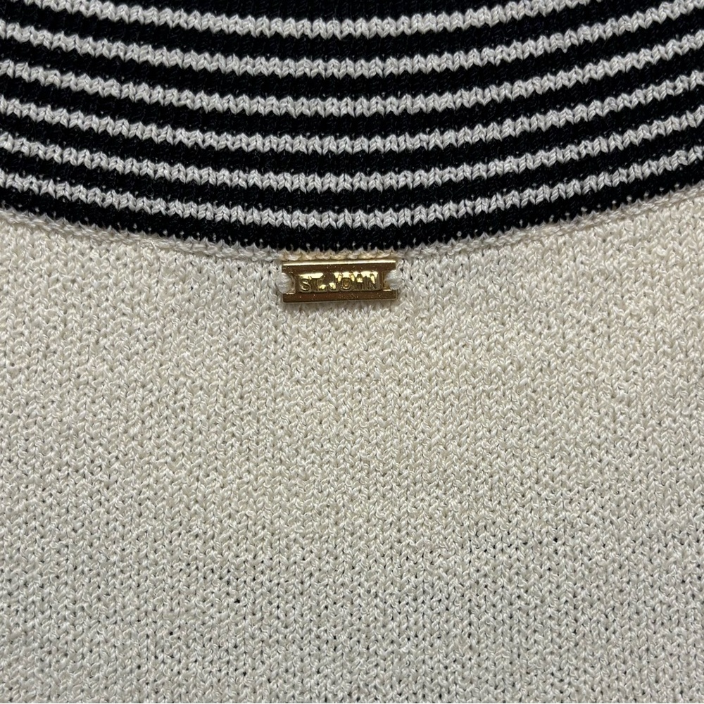 St. John Black Stripe Neck Ivory Knit Sleeveless Top Tank Gold Bar Logo Size 4P - Picture 4 of 8